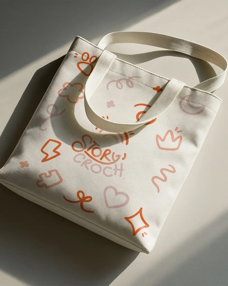 Tote bag en toile écrue imprimé du motif et du logo Story’Croch