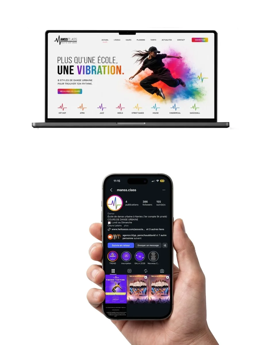 Le site Manss Class sur un ordinateur portable et le compte Instagram de l’école sur un téléphone