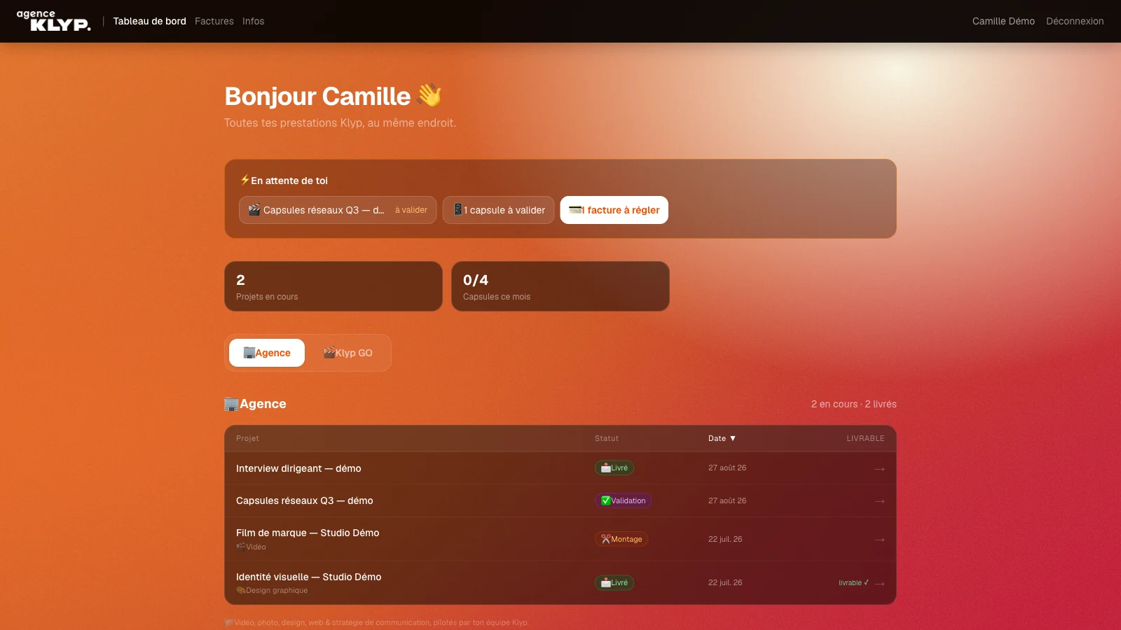 Aperçu du portail client développé par l’Agence Klyp