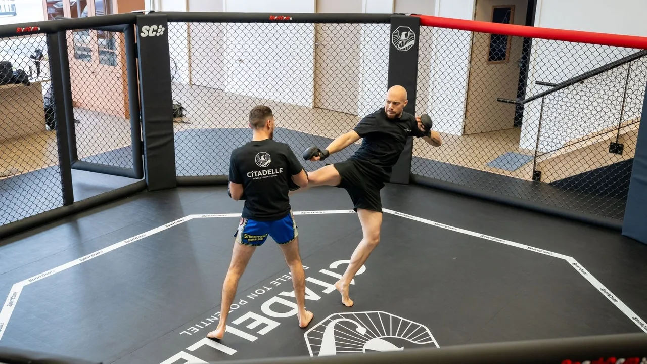 Deux combattants à l’entraînement dans la cage Citadelle MMA, l’un décochant un coup de pied haut